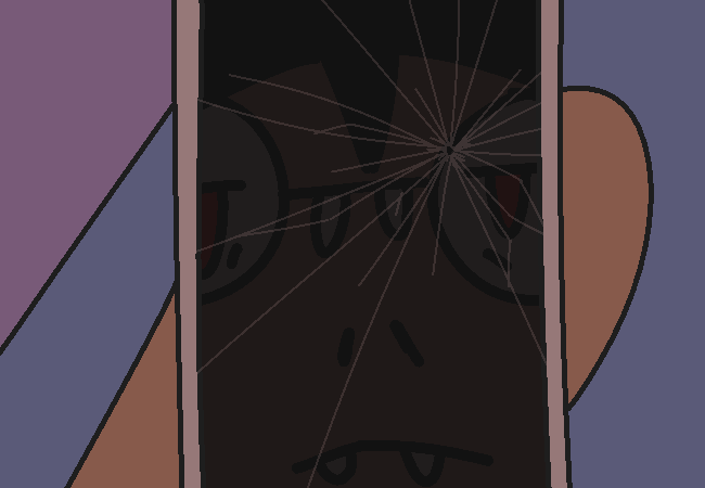 A dark phone screen with the nameless person's face reflecting back.